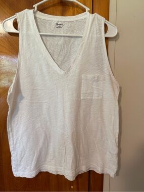 Madewell White V-Neck Tank Top with Chest Pocket